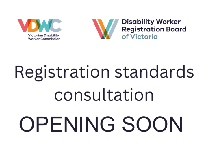 Registration standards consultation opening soon. VDWC and the Board logos.